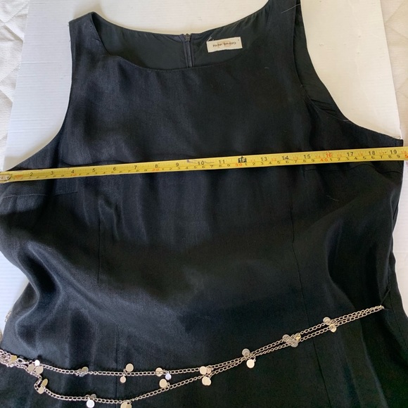 Black shiny linen midi prom party dress sleeveless silver metal chain belt US 10 - Picture 13 of 16